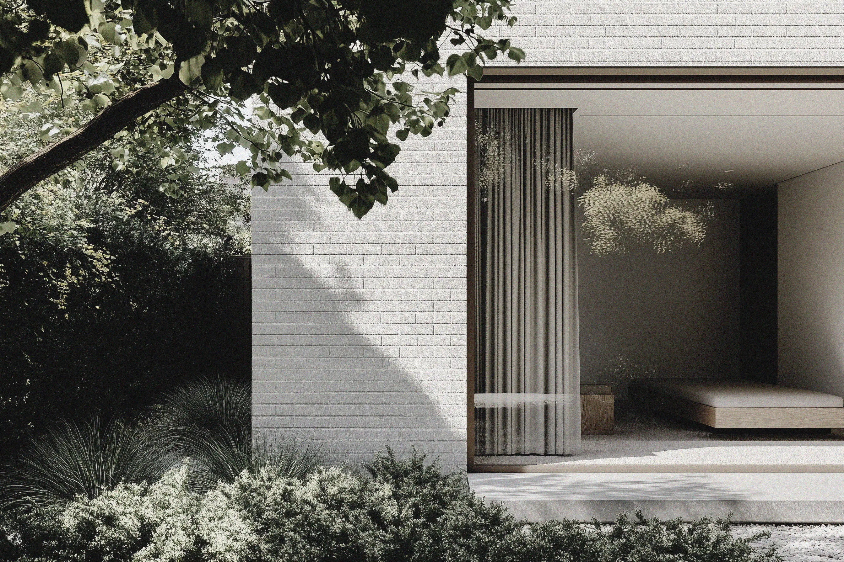 Brighton Brick House - contemporary extension with dense garden beds and framed views